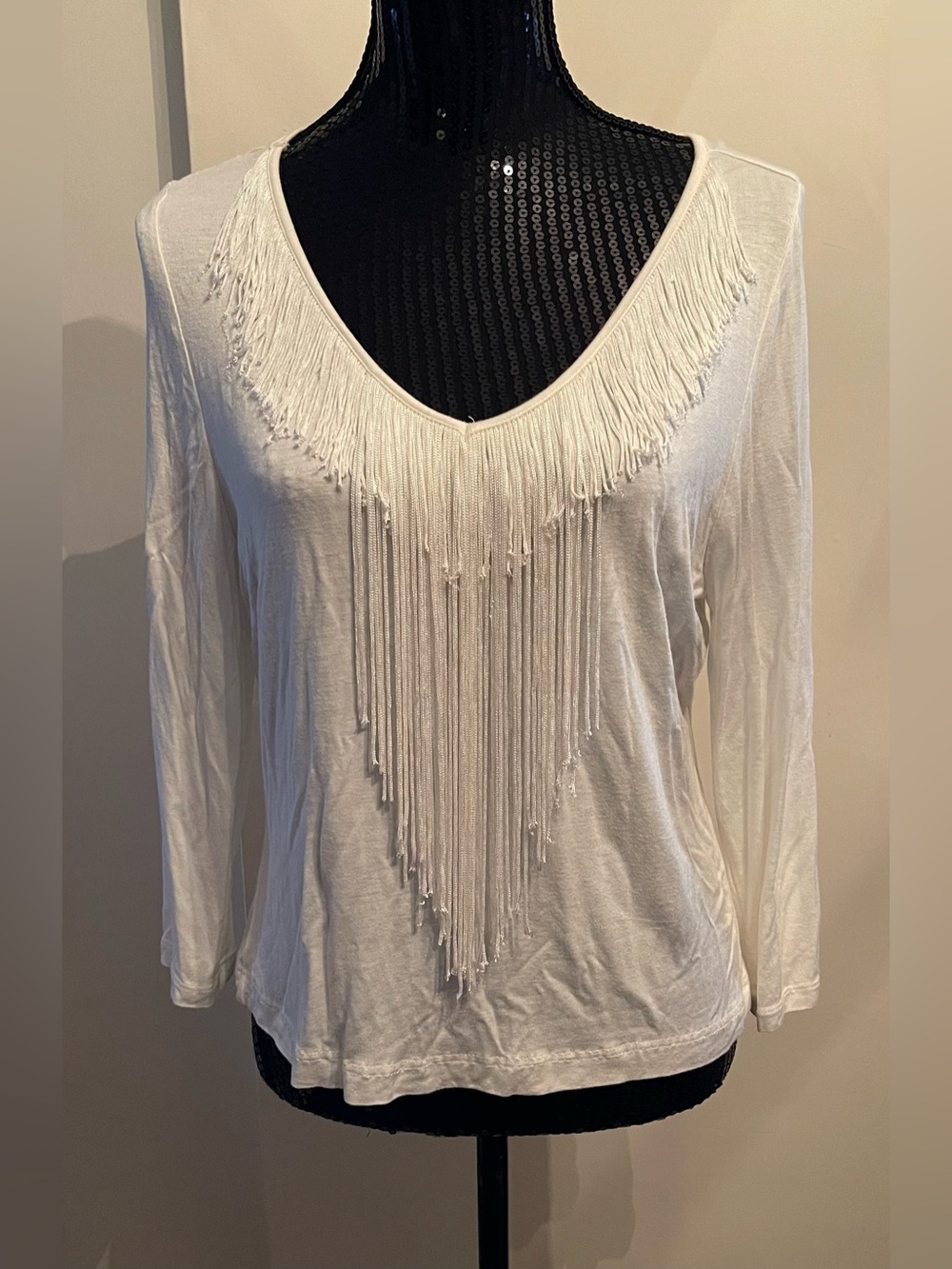 Erin Matthews Fringe V-Neck Long-Sleeve Cream Top Size Large